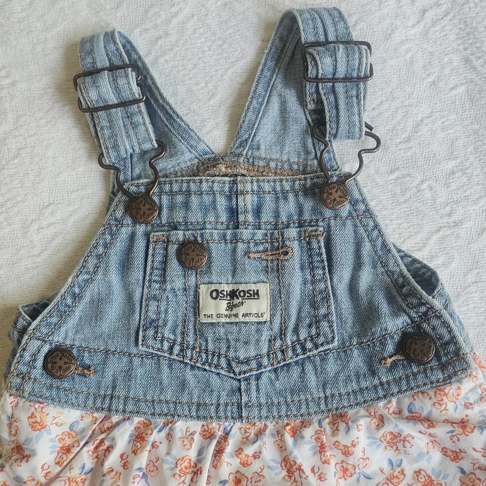 OshKosh B'gosh Blue and Orange Denim Overall Dress 6 Months Like NEW